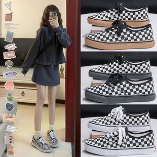 2025 Spring New Canvas Shoes Couple Versatile Men's and Women's Black and White Plaid Flat Korean Style Lace-Up Black Skate Shoes