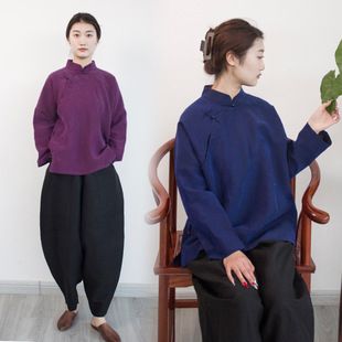 2024 Autumn Xiangyunsha Stand Collar Long Sleeve Buttoned Top Chinese Style Artistic Top New Chinese Style Women's Clothing