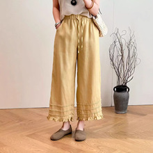 2026夏 韩版宽松减龄亚麻木耳边松紧腰直筒裤百搭休闲九分裤女665
