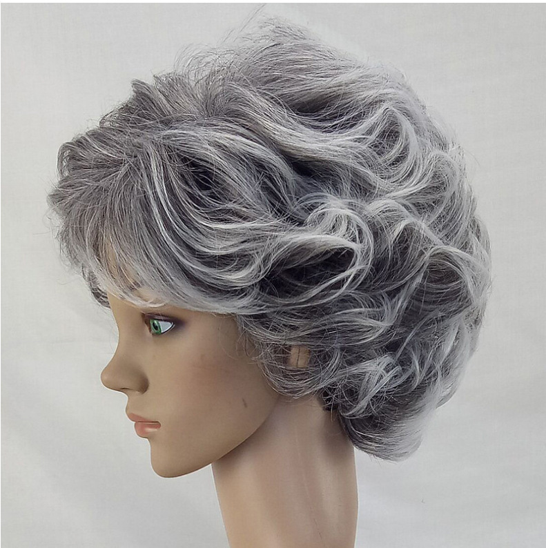 Middle-Aged and Elderly Mother Wig Grandma Silver-White Mixed Color Fashionable Curly Hair Headgear Fluffy Realistic Curly Hair Rose Net