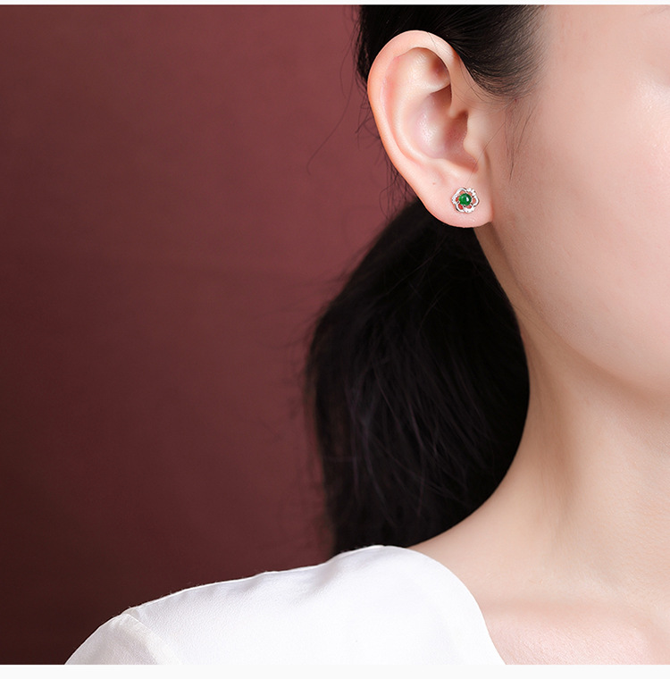 Bông tai bạc S925 mạ vàng hình hoa mận đính ngọc bích cổ điển — Kiểu màu bạc chi tiết 6