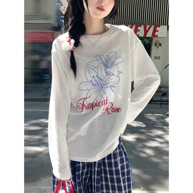 Casual Lazy Style Sun Protection Blouse Top Summer Thin Loose Snowflake Cotton Long-Sleeved Round Neck T-Shirt Women's Air-Conditioned Shirt