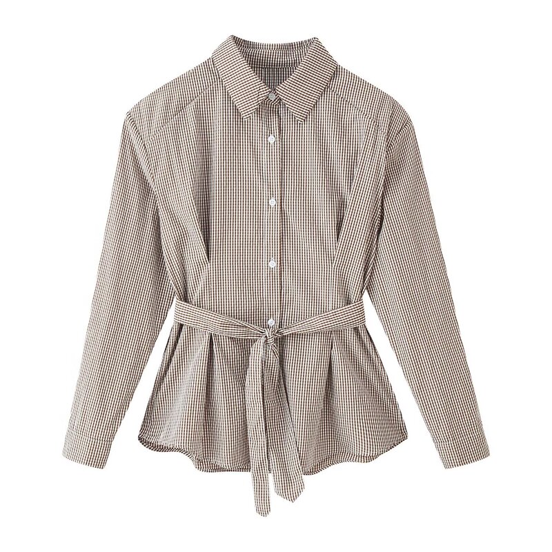 Myst&Za Summer New Cross-Border Women's Fashion European and American Style Versatile Plaid Tie-Decorated Lapel Waist-Cinching Shirt