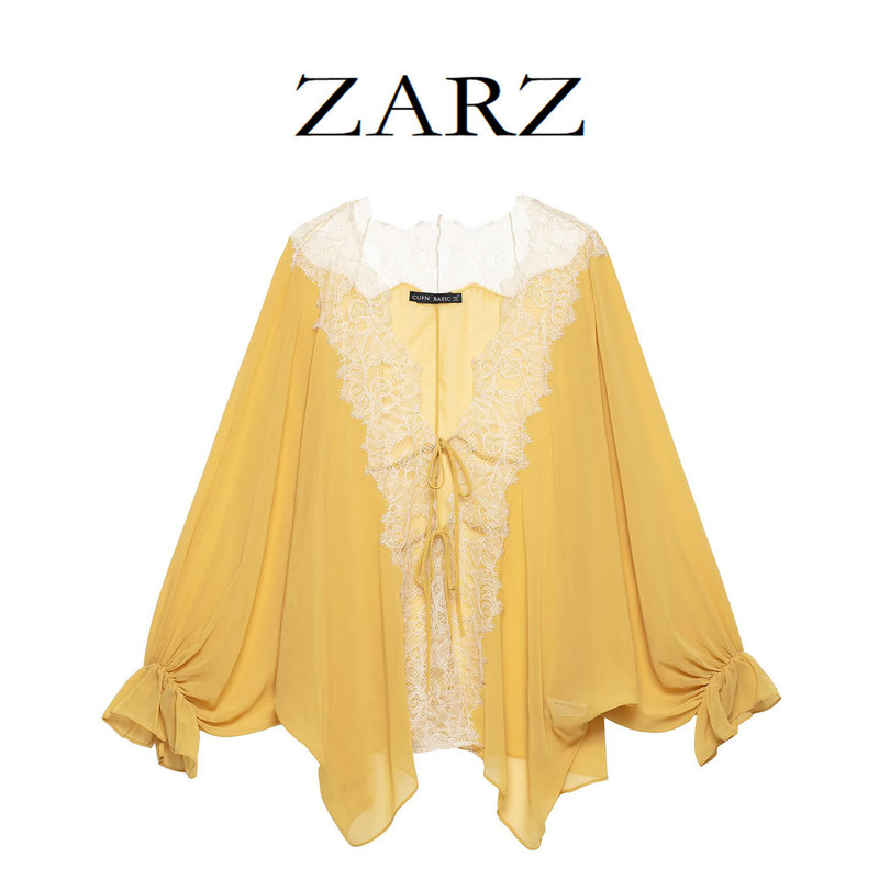 Zarz Self-Made European and American Style New Women's Fashion Trendy Long-Sleeve Asymmetrical Transparent Lace Shirt Zarz Self-Made European and American Style New Women's Fashion Trendy Long-Sleeve Asymmetrical Transparent Lace Shirt