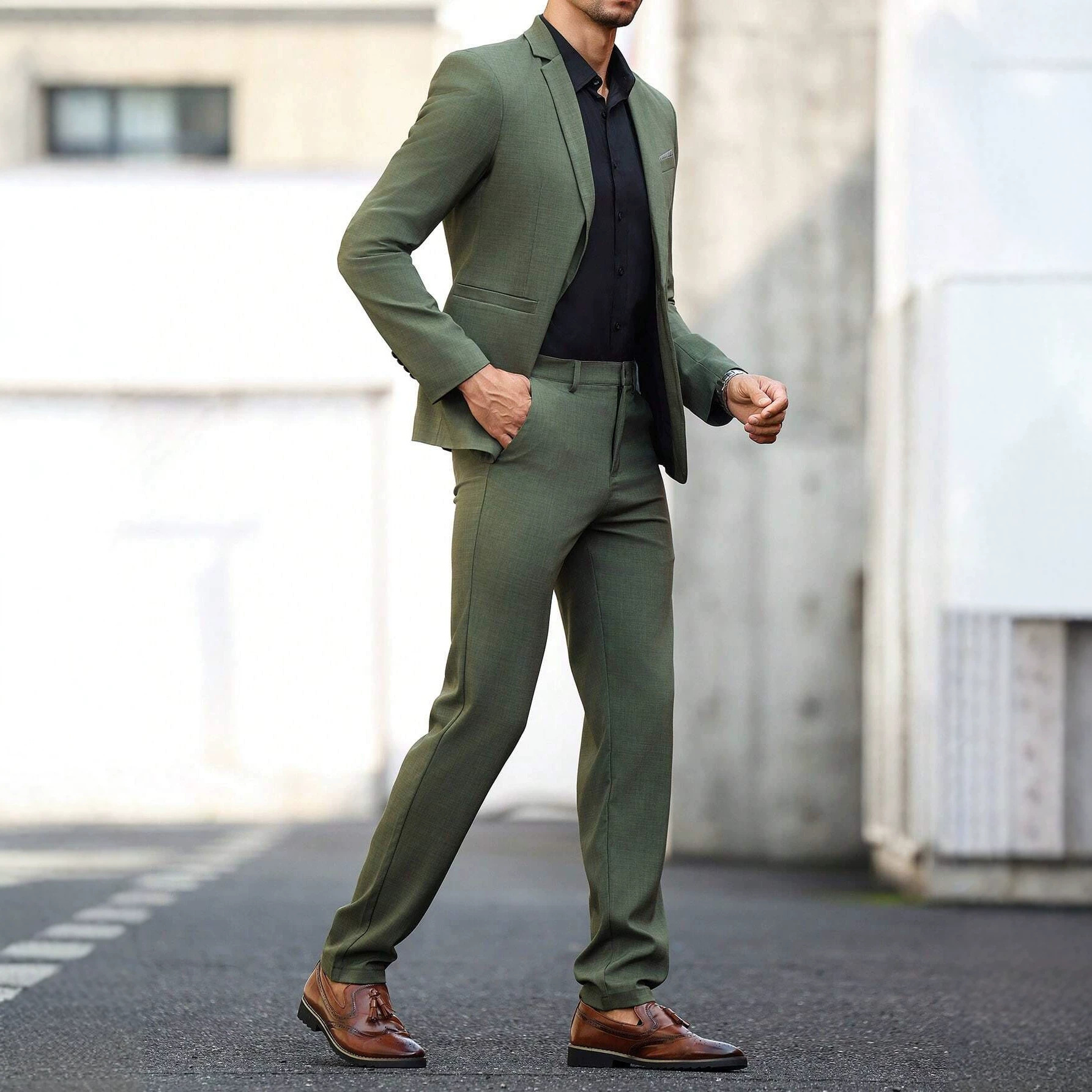 Men's Light Business Suit Set Dark Green Gentleman's Solid Color Style Fashion_voghion.com