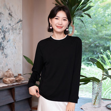 YUN韫圆领衬衫女黑色拼接百搭长袖衬衣高级感通勤穿搭纯色衬衣