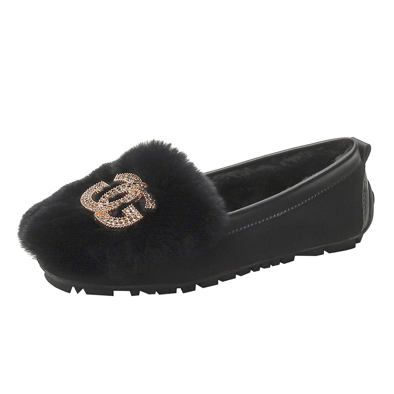 Mocasines Otoño e Invierno de las mujeres con forro polar 2023 nueva moda rhinestone hebilla Rex zapatos de piel de conejo desgaste exterior zapatos planos slip-on image 7