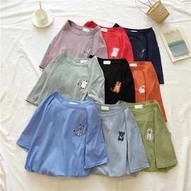 韩国新款动物刺绣圆领衣服女夏宽松学生短袖T恤女休闲上衣批发