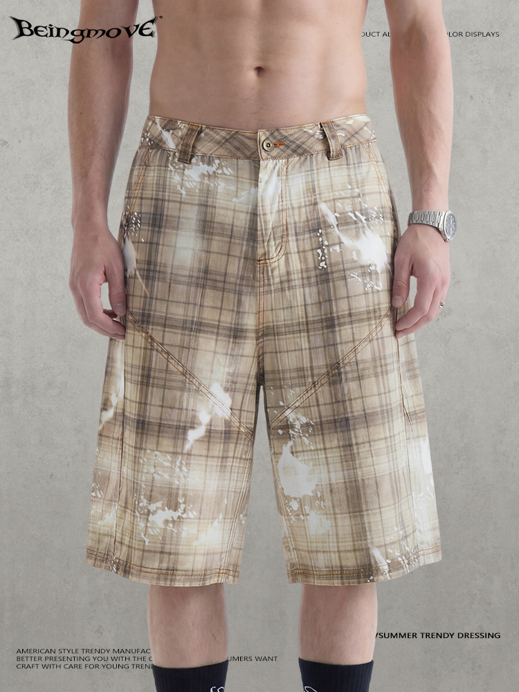 Calle secada| Marca de moda de verano estilo americano retro machete pantalones de siete puntos de moda simple hacer viejos pantalones cortos casuales a cuadros