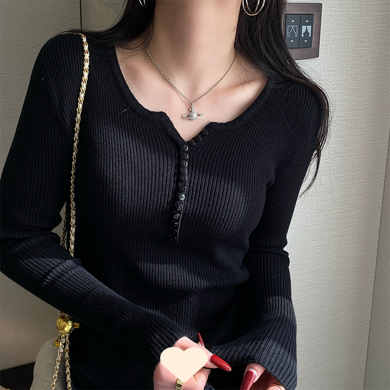 黑色针织打底衫女秋冬内搭毛衣高级感v领修身长袖上衣外穿