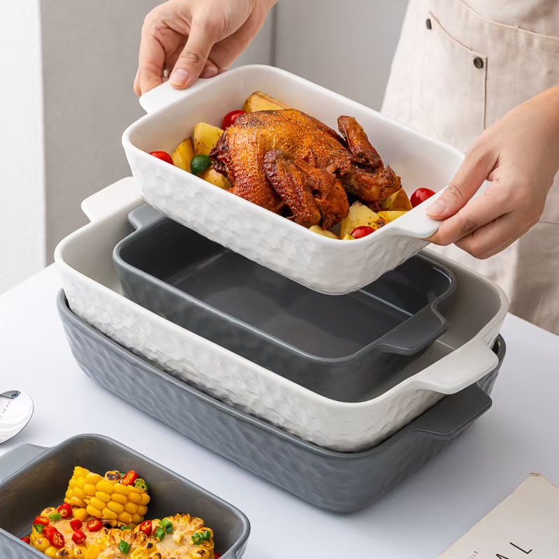 Placa de horno de cerámica rectangular para horno de horno de doble oreja para horno de microondas para horno de hotel al por mayor