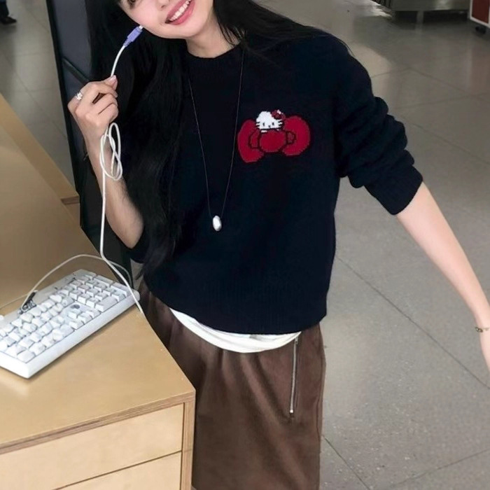 猫咪蝴蝶结提花套头圆领毛衣女2025秋冬新款减龄慵懒风针织衫上衣|undefined