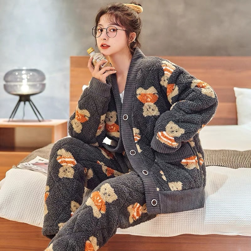 산호 양털 파자마 여성의 겨울 기모 두꺼운 귀여운 베리 곰 소녀 플란넬 학생 집 옷