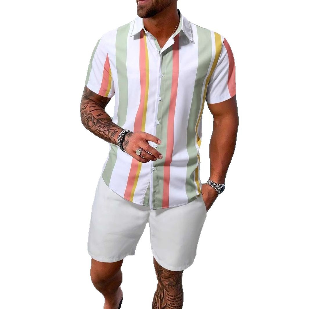 Traje de pantalones cortos de camisa de vacaciones hawaiana de verano de Xiyin transfronterizo 2024 venta caliente a rayas color de contraste impresión 3D