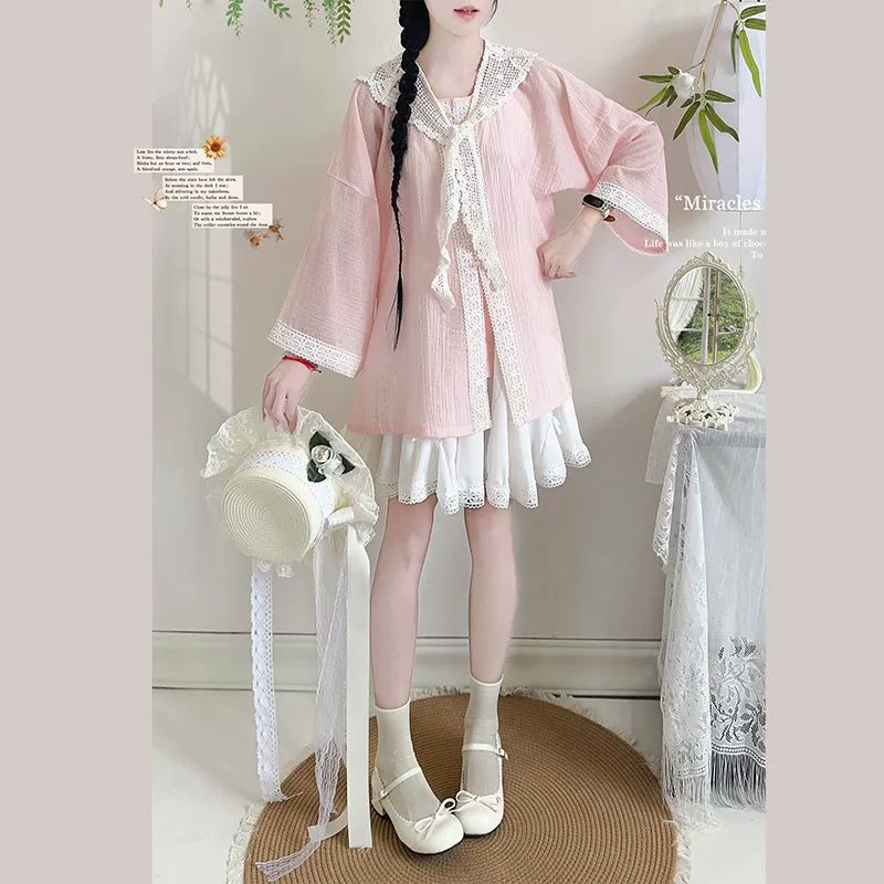 Jiuchen [Candy Girl] crew neck shirt short group suit lace skirt national style girl's daily sweet summer versatile
