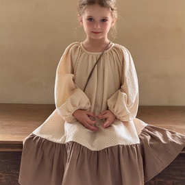 尖子蛋韩系童装2025春夏新款女童裙子圆点拼色荷叶边裙子连衣裙