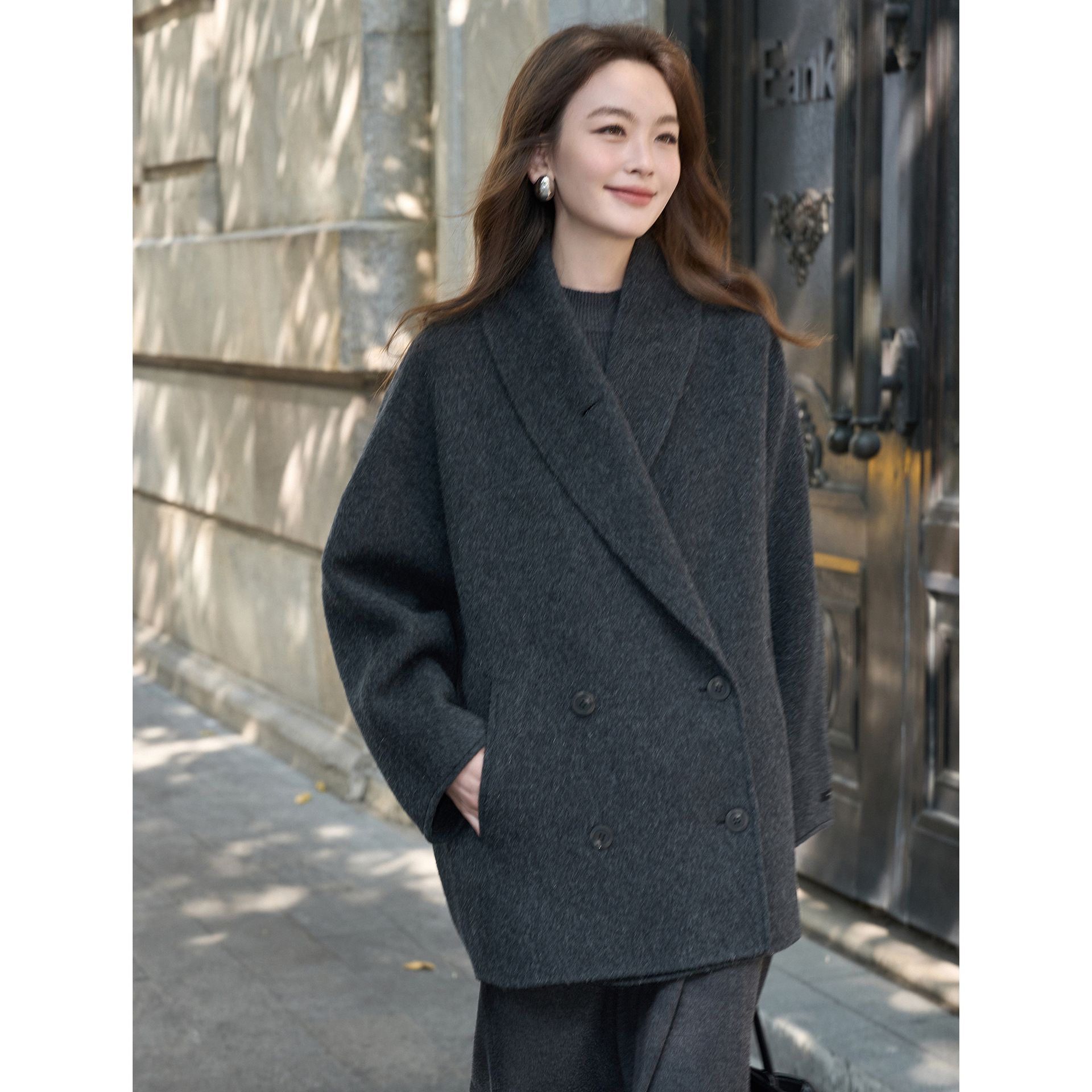 Rongtai Rabbit Wool Design Double-Sided Woolen Coat for Women, Autumn and Winter, Relaxed Cocoon-Shaped Long Coat