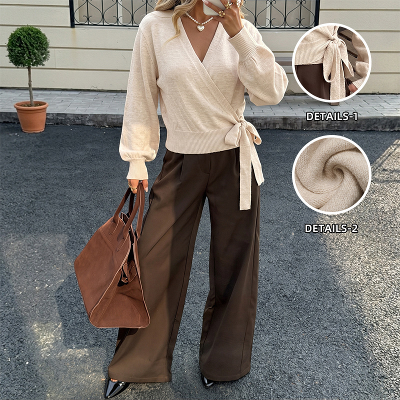2026 Autumn and Winter New Style Knitted Top European and American Cross-Border Irregular Short V-Neck Tie Waist Long-Sleeved Sweater for Women
