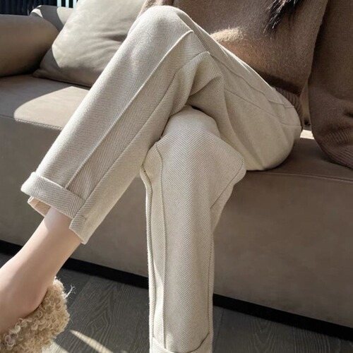 Women's Autumn/Winter New Arrival High-Waisted Loose Slimming Plaid Thickened Nine-Foot Wool Trousers