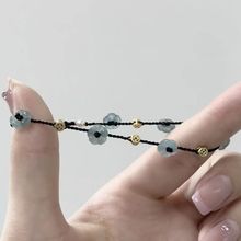 「超级有钱花」黑色编织绳花朵手链女小众设计高颜值珍珠点缀手饰