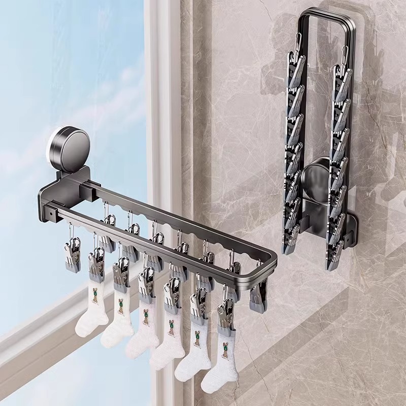 Suction cups drying socks artifact balcony home windproof stainless steel socks drying rack folding multi-clip cool clothes rack