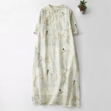 中国风棉麻连衣裙女2025夏季复古印花女装七分袖改良版旗袍裙