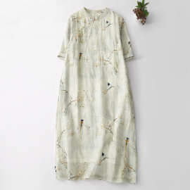 中国风棉麻连衣裙女2025夏季复古印花女装七分袖改良版旗袍裙