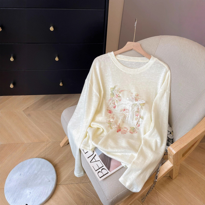 Plus Size 120kg Lace Bow Long Sleeve T-Shirt for Women Autumn Print Korean Style Top Plus Size 120kg Lace Bow Long Sleeve T-Shirt for Women Autumn Print Korean Style Top