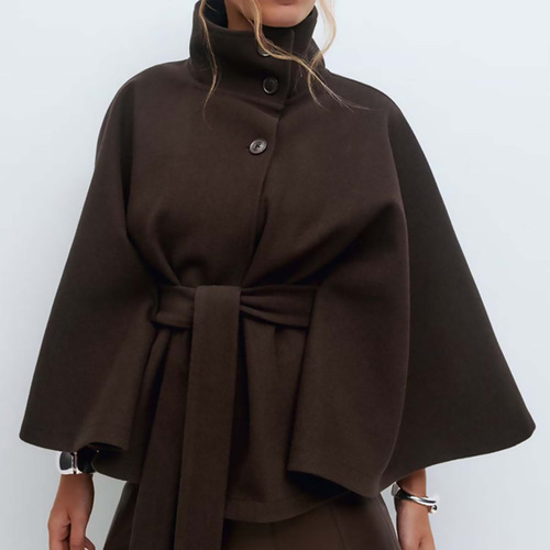 European and American women's clothing autumn and winter new style Amazon cross-border fashion solid color cape standing collar button belt windbreaker outer