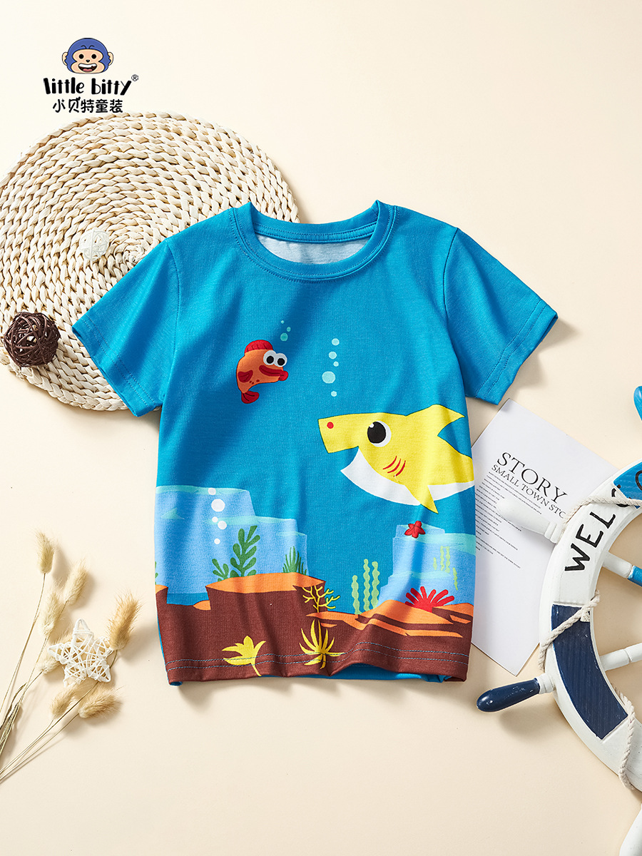 2025 Boys Short Sleeve Boys Ocean T-Shirt Children's T-Shirt Cartoon Print Summer Short Sleeve T-Shirt Children's T-Shirt