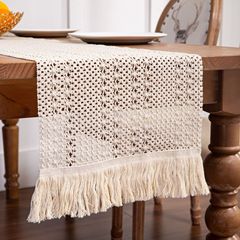 新款全棉流蘇桌旗鏤空編織長條桌布蓋布美式鄉村節日婚禮裝飾桌旗