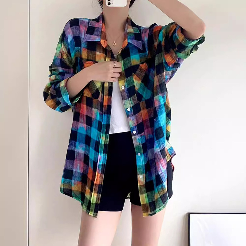 Rainbow Plaid Shirt Women's 24 Spring and Summer New Design Sense High Sense European and American Trend Light Luxury Casual Top for Outer Wear