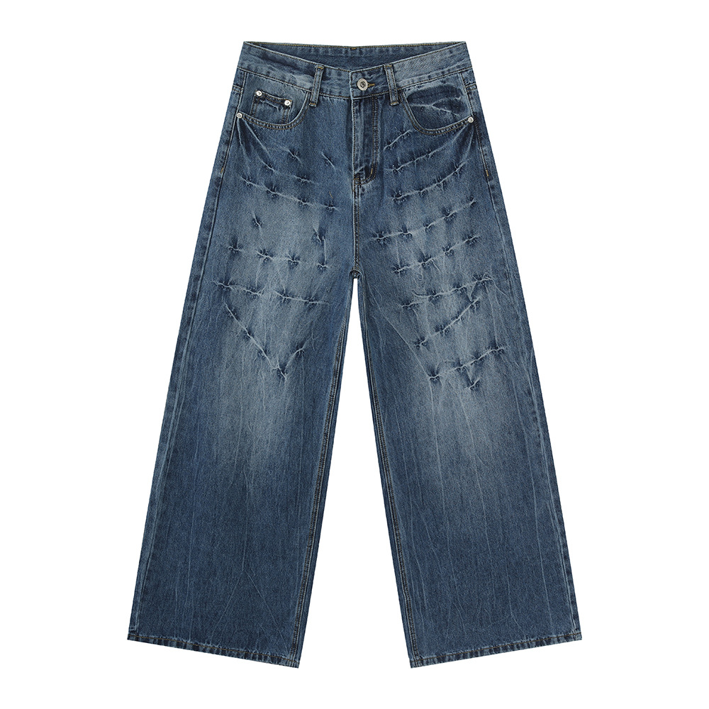 MTLCLOTHES Hombres| Nicho Street Vibe Lightning Pattern Fashion Heavy Duty White White Wide Leg Straight Jeans