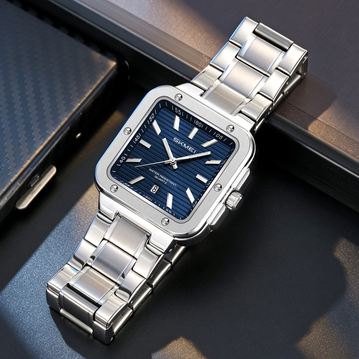 Momento de acero inoxidable cuadrado relojes de cuarzo calendario impermeable para hombres relojes de negocios comercio exterior personalizado spot transfronterizo