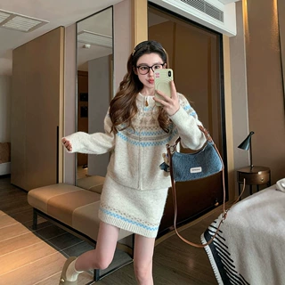 费尔岛毛衣套装女2026新款独特漂亮秋冬装整套慵懒针织短裙两件套