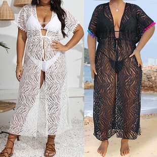 Women's cardigan cross-border European and American plus size women's sexy deep V perspective lace waist strap beach bikini blouse