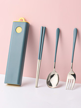 1CNG批发墨色不锈钢筷子勺子套装便携餐具学生三件套筷子盒可爱叉