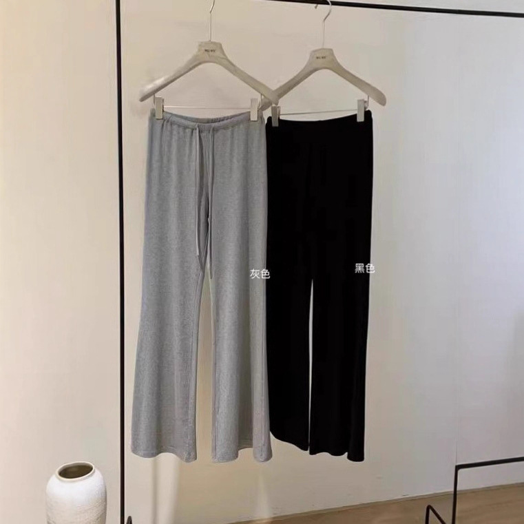 Autumn Korean-Style Solid Color Casual Elastic Waist Drawstring Flared Pants for Women, Elegant and Simple High-Waisted Slimming Long Pants