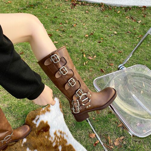 Belt buckle retro tall boots fashion boots women's boots over-the-knee boots thick heel western boots height leather boots
