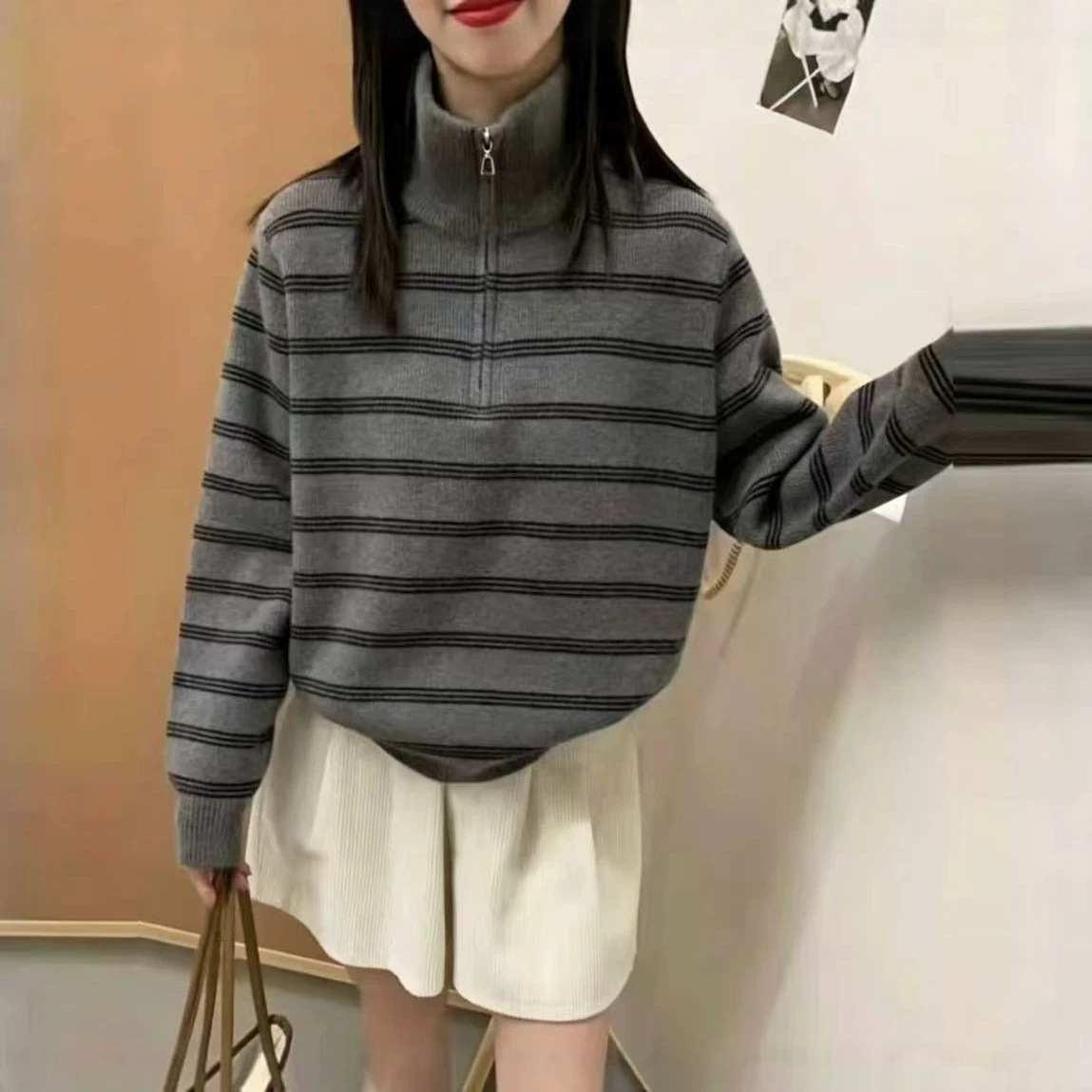 Korean Chic Autumn New Retro Lazy Style Polo Collar Loose Niche Color-Blocking Long-Sleeve Striped Knit Sweater for Women