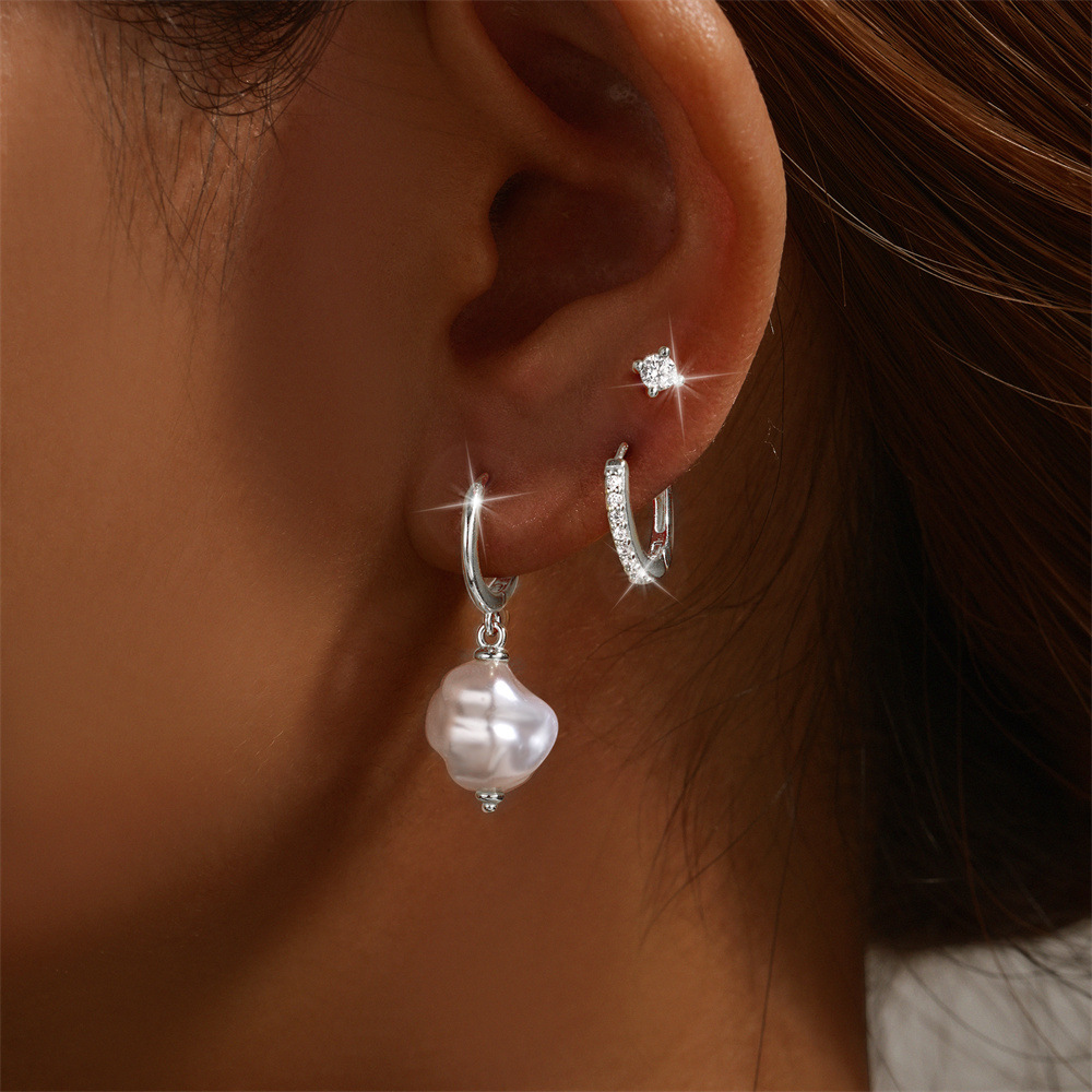 3 Pieces Set IG Style Simple Style Geometric Pearl Plating Inlay Sterling Silver Zircon Earrings display picture 9