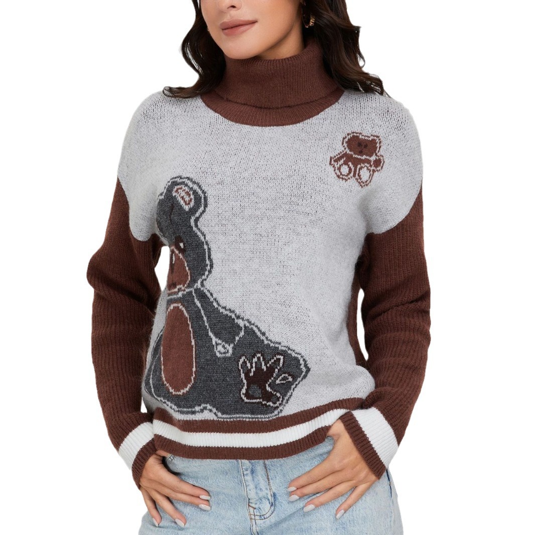 Women's Clothing New Knitted Retro Contrast Color Jacquard Cartoon Bear Pattern Turtleneck Sweater Long Sleeve Top_voghion.com