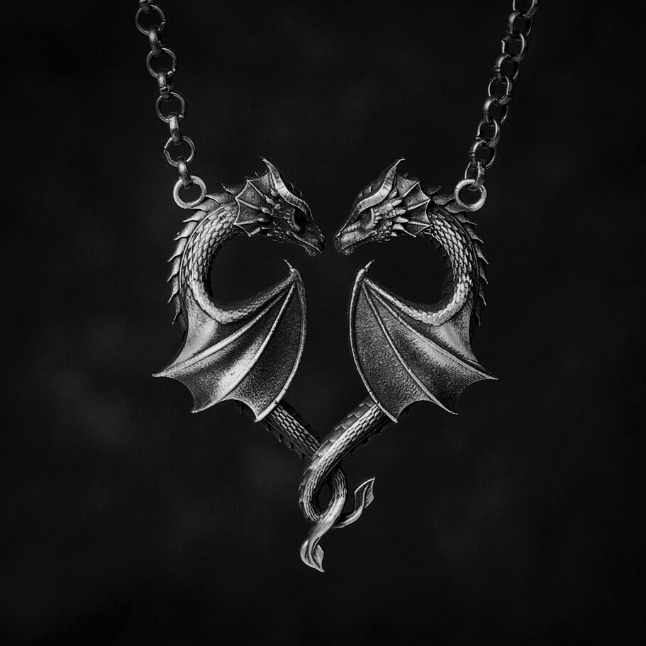 Heart Shape, Dragon Pattern Unisex Gender Plating Design Retro Cool Style Heart Shape Dragon Alloy Plating Unisex Necklace