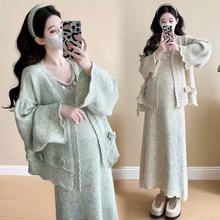 斯尔丽韩版宽松时尚气质孕妇套装女针织背心连衣裙毛衣开衫两件套