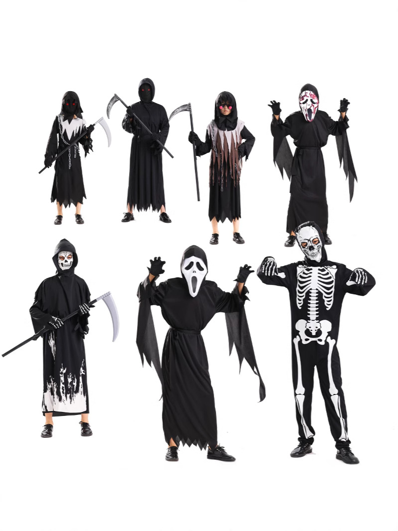 New cross-border glow-in-the-dark Grim Reaper scythe children's witch costume black female cosplay witch Halloween costume