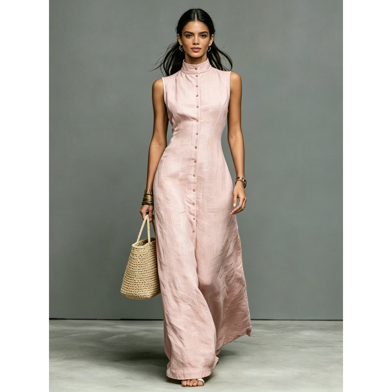 Cross-Border Amazon 2026 New Women's Minimalist Style Linen Blend Stand Collar Single-Breasted Sleeveless Maxi Dress