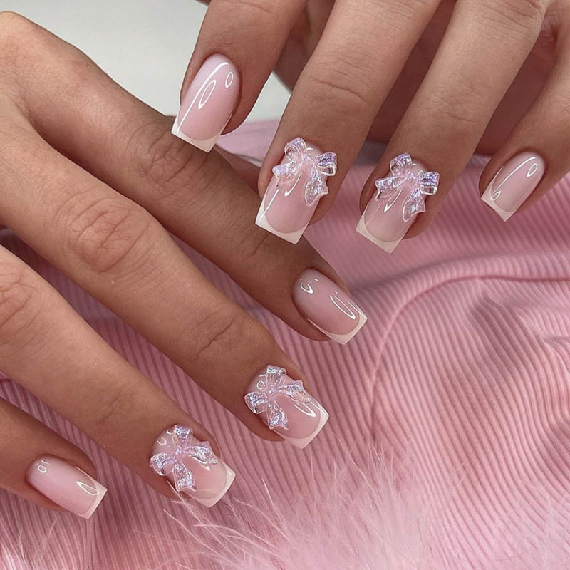 White French Manicure Nails Pure Desire Bow Square Fake Nails New Ice Transparent Butterfly Light Pink Wearable Nails