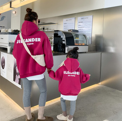 Play together parent-child clothing for boys and girls in winter plus velvet and thickened dragon fruit color sweatshirt jacket mother and child letter print jacket