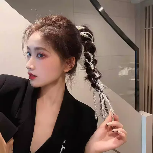 Yang Chaoyue's Same Style Pearl Braided Hair Chain with Elegant Tassels, Sweet and Fairy-Like Hanfu Hair Accessories, Braided Hairpieces Wholesale