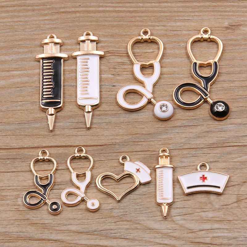 6 encanto médico DIY aleación accesorios de la joyería 2 color base gota aceite estetoscopio jeringa amor colgante